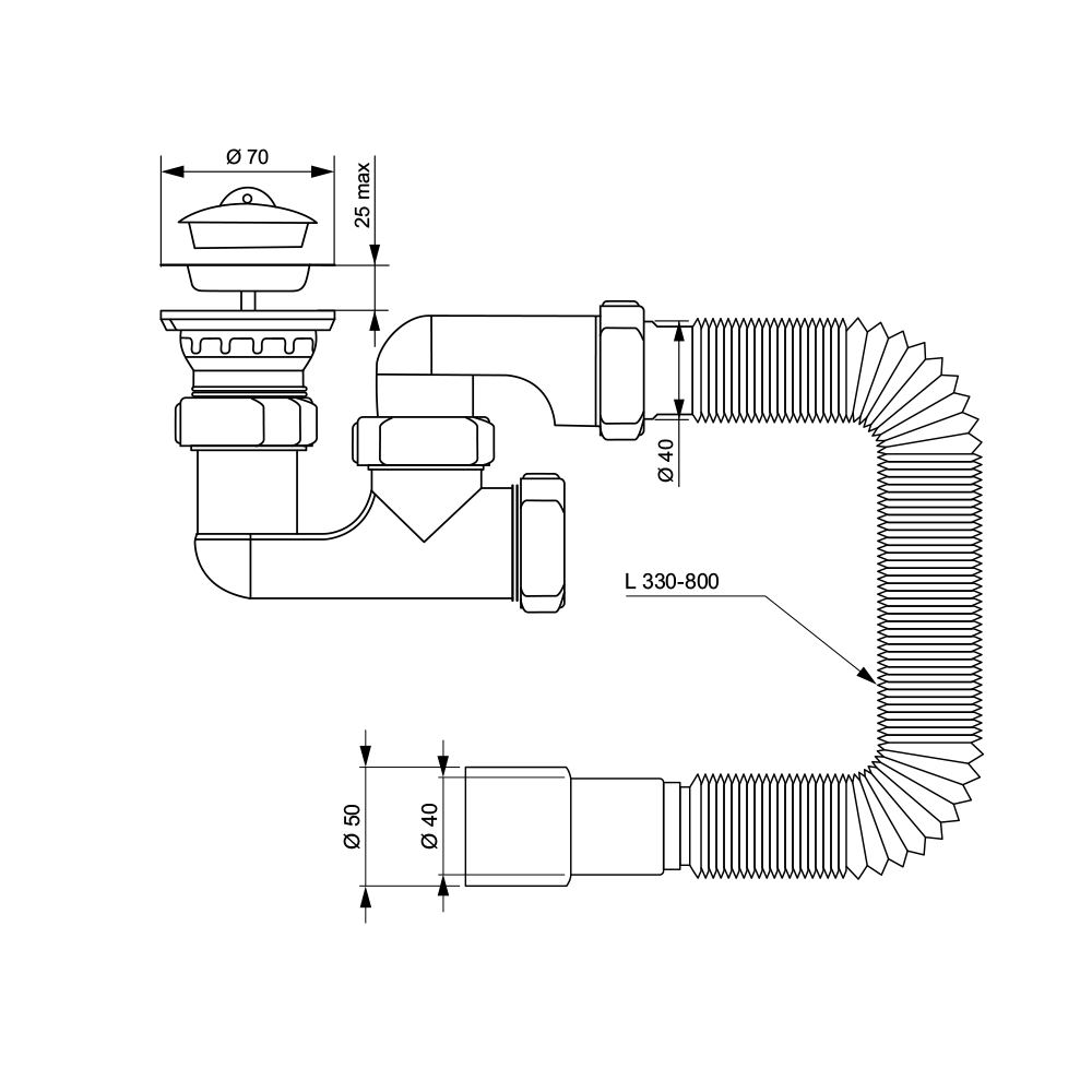Сифон для душового піддону TAU із гнучким відведенням Ø40/50 мм