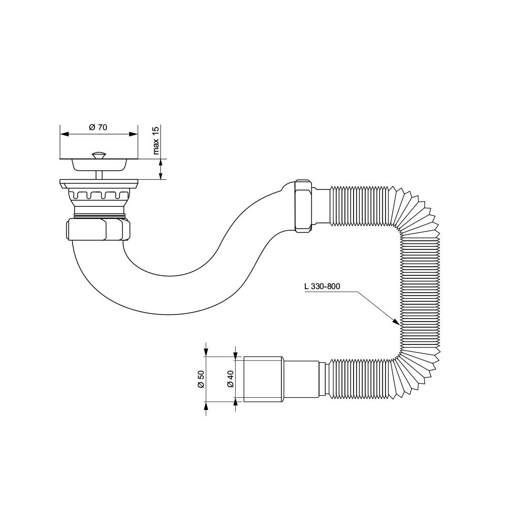 Сифон для душового піддону TAU прямоточний із гнучким відведенням Ø40/50 мм