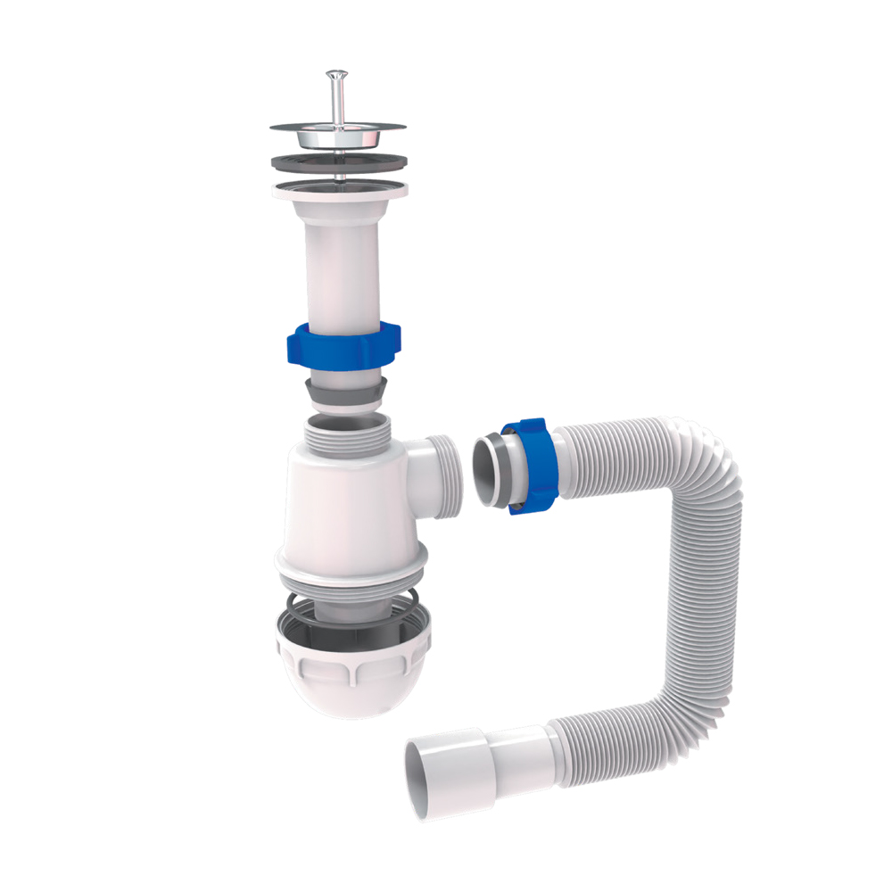 Сифон для кухонної мийки Tau з нержавіючим випуском 1½" і гнучким відведенням Ø40/50 мм