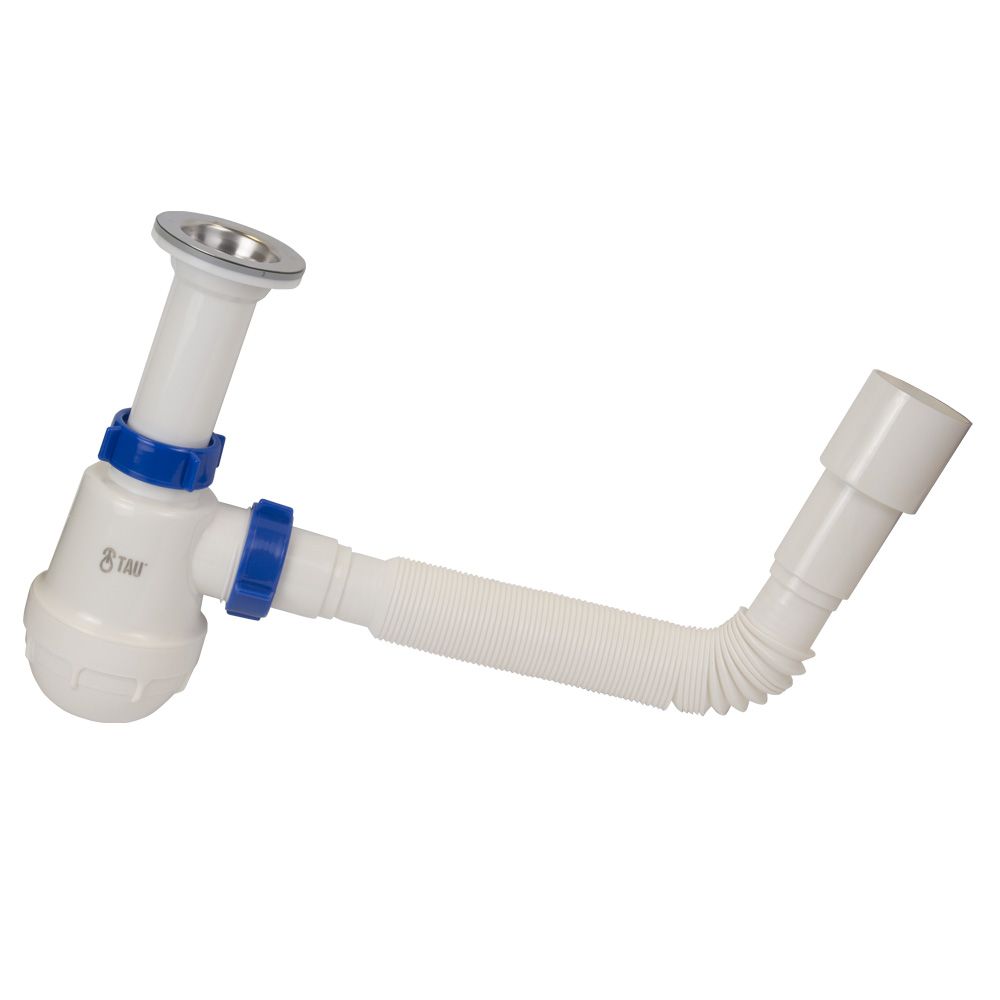 Сифон для кухонної мийки Tau з нержавіючим випуском 1½" і гнучким відведенням Ø40/50 мм