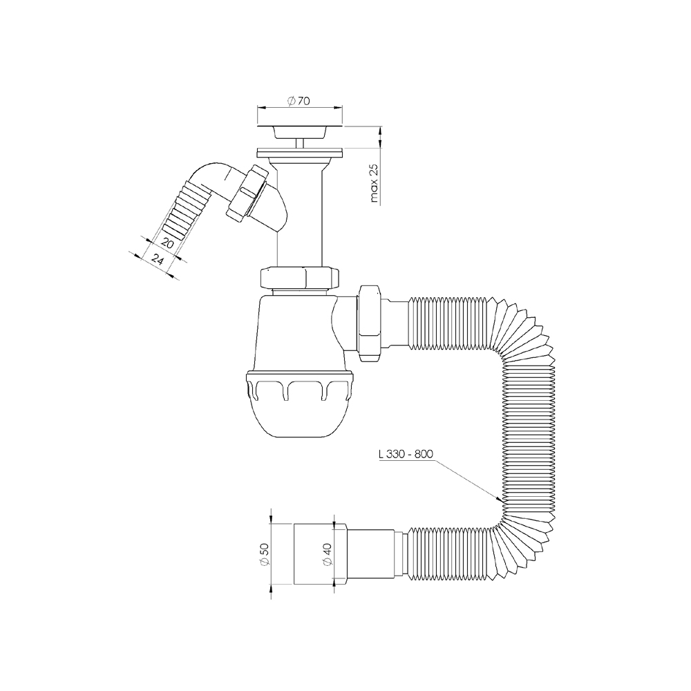 Сифон для кухонної мийки Tau з нержавіючим випуском 1½" виведенням під пральну машину та гнучким відведенням Ø40/50 мм