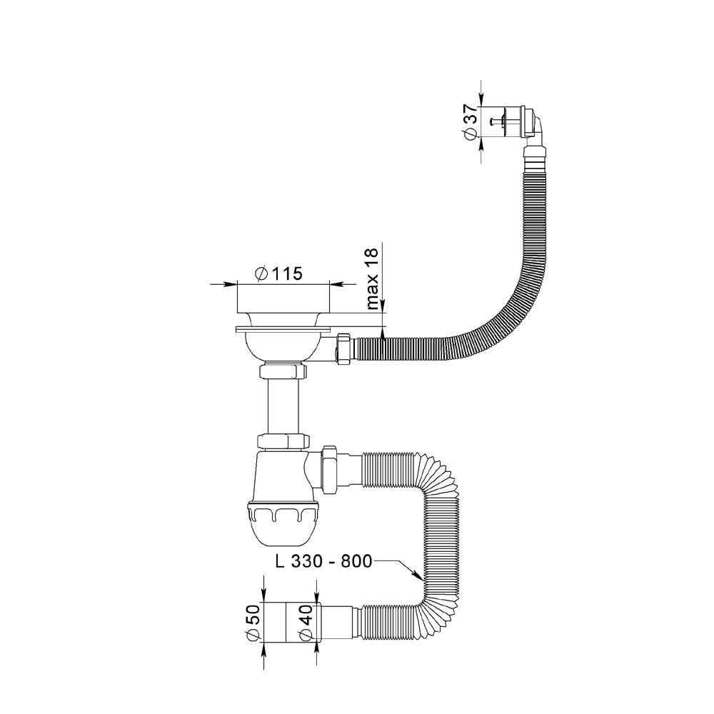 Сифон для кухонної мийки Tau з нержавіючим випуском 3½" круглим переливом і гнучким відведенням Ø40/50 мм