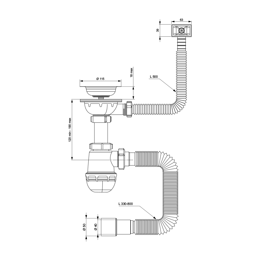 Сифон для кухонної мийки Tau з нержавіючим випуском 3½" квадратним переливом і гнучким відведенням Ø40/50 мм