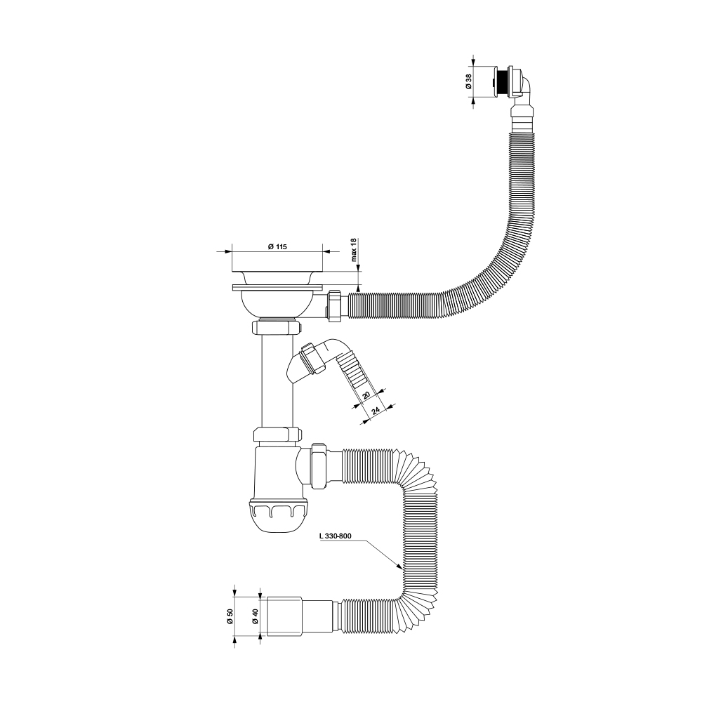 Сифон для кухонної мийки Tau з пластиковим випуском 3½" виведенням під пральну машину круглим переливом і гнучким відведенням Ø40/50 мм (Чорний)