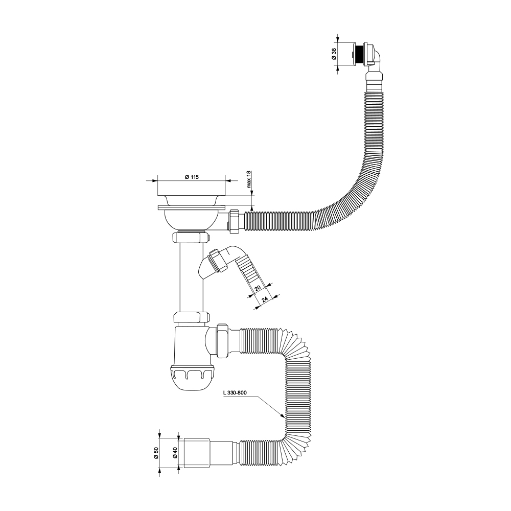 Сифон для кухонної мийки Tau з пластиковим випуском 3½" виведенням під пральну машину круглим переливом і гнучким відведенням Ø40/50 мм (Білий)