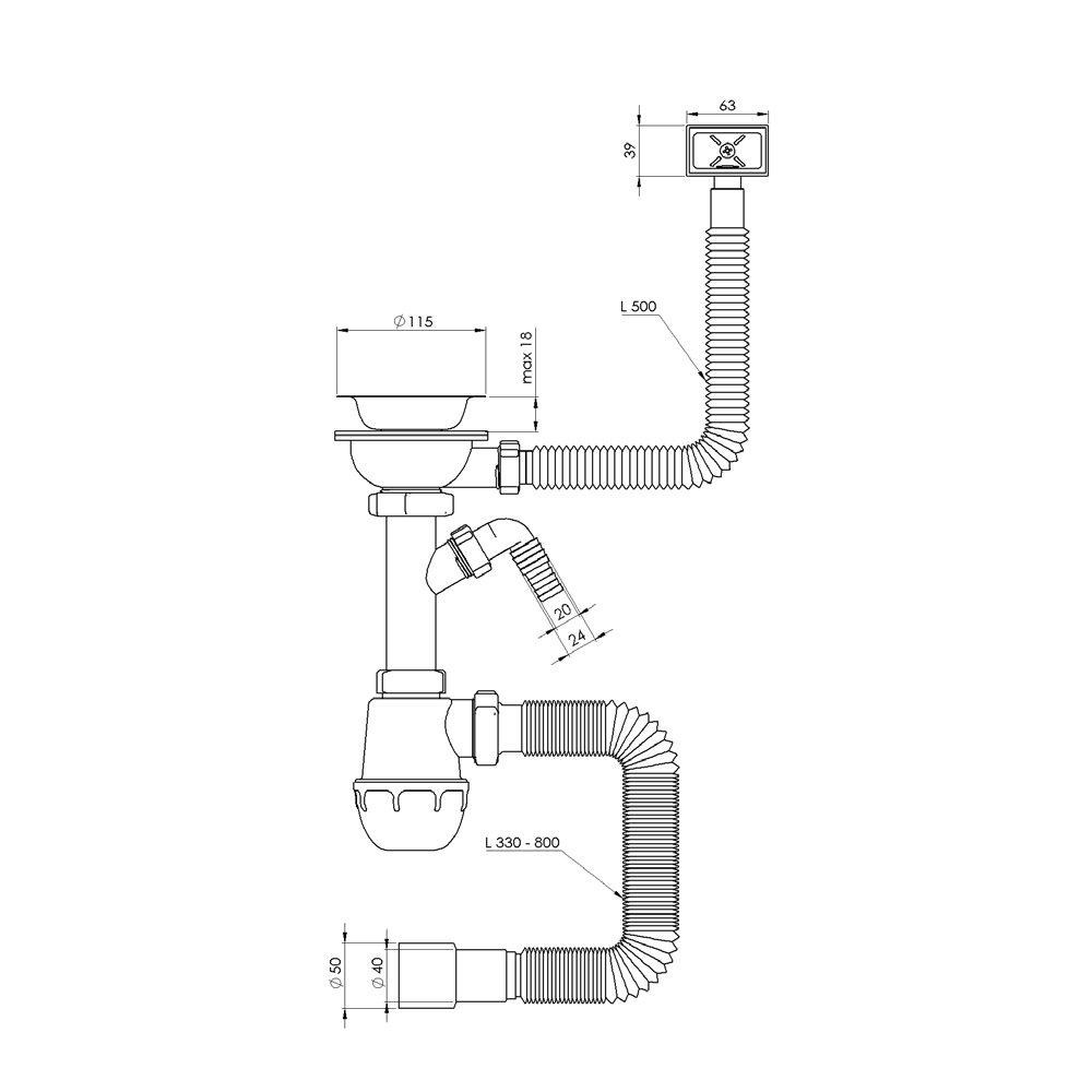 Сифон для кухонної мийки Tau з пластиковим випуском 3½" виведенням під пральну машину квадратним переливом і гнучким відведенням Ø40/50 мм (Чорний)