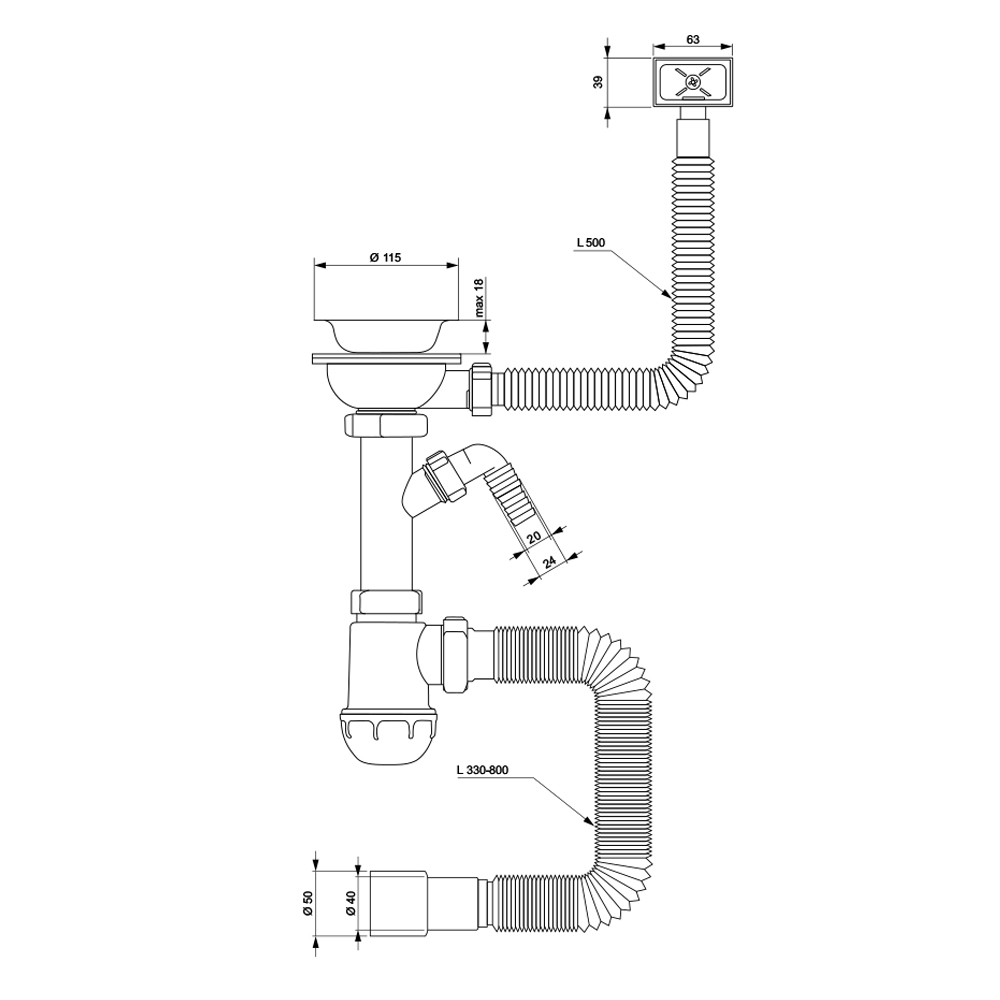 Сифон для кухонної мийки Tau з пластиковим випуском 3½" виведенням під пральну машину квадратним переливом і гнучким відведенням Ø40/50 мм (Білий)