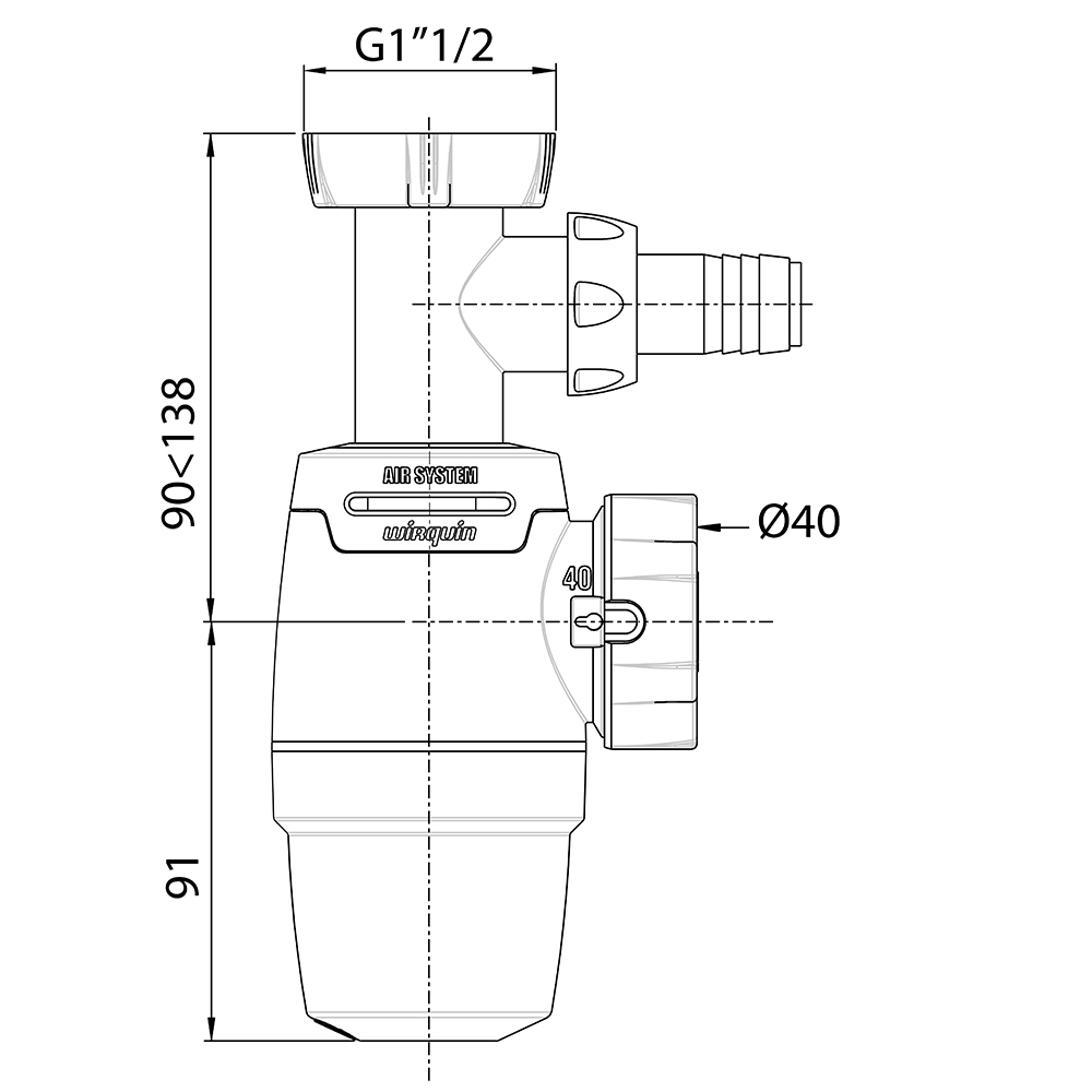Сифон для кухонної мийки Wirquin Neo Air 1½"ר40 мм з підведенням