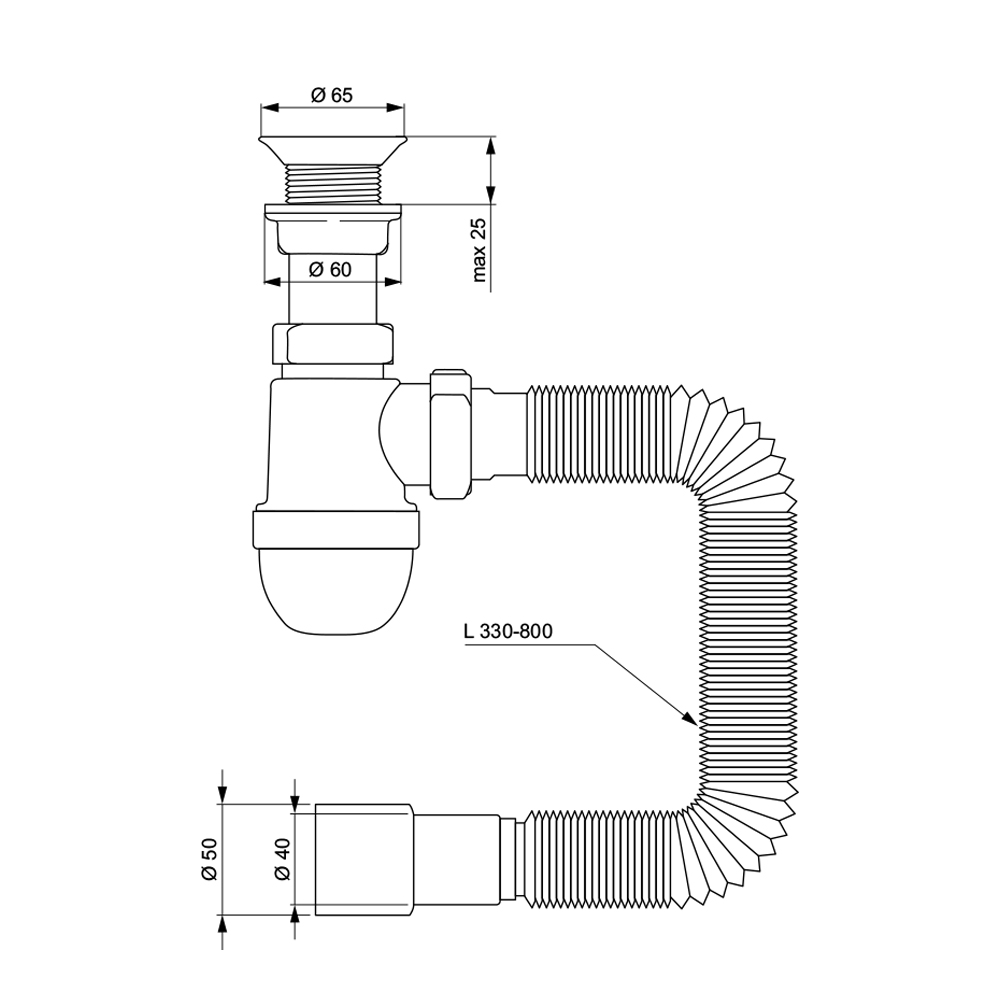 Сифон для раковини Tau з пластмасовим випуском і гнучким відведенням 1½"×Ø40/50 мм