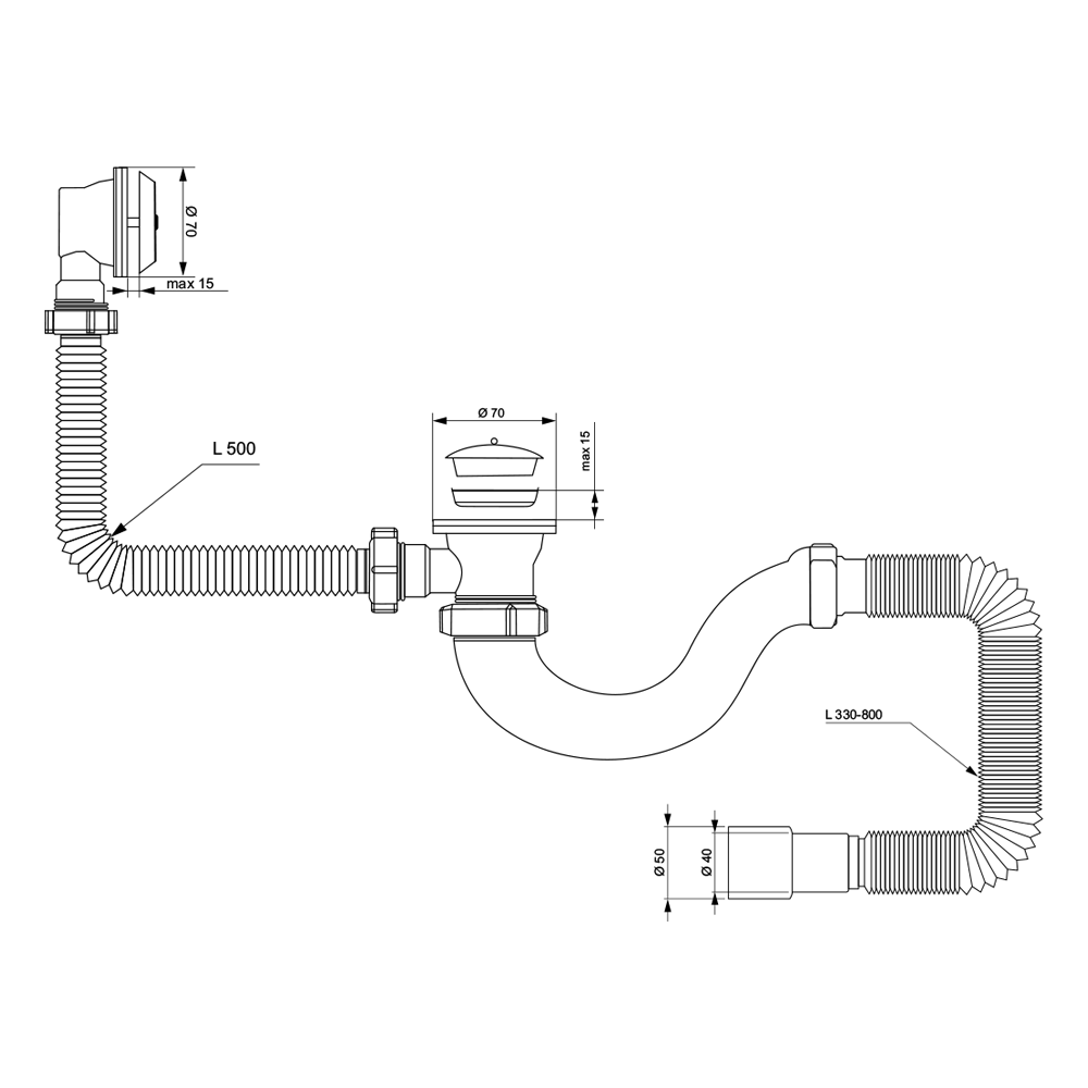 Сифон для ванни TAU прямоточний з пробкою на ланцюжку і гнучким відведенням Ø40/50 мм