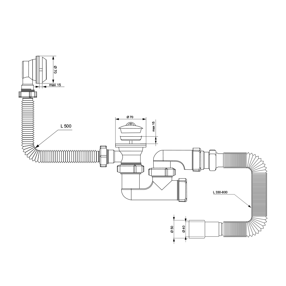 Сифон для ванни TAU з пробкою на ланцюжку і гнучким відведенням Ø40/50 мм