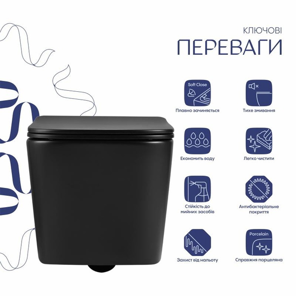 Унитаз подвесной Qtap Crow Ultra Quiet 485 x 340 x 290 мм, Matt Black, с сиденьем Slim Duroplast/ Soft-close / Quick Release (QT05335171MB)