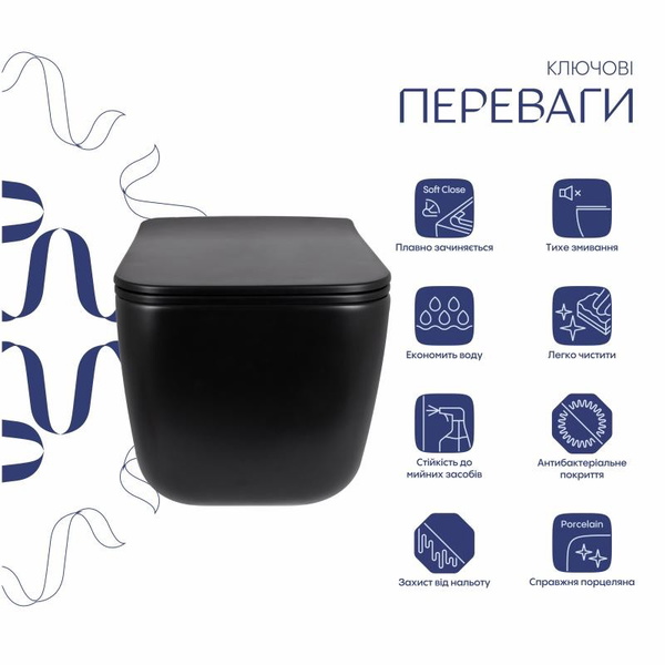 Унитаз подвесной Qtap Gemini Ultra Quiet 485 x 340 x 350 мм, Matt Black, с сиденьем Slim Duroplast / Soft-close / Quick Release (QTGEM28BLM50505)