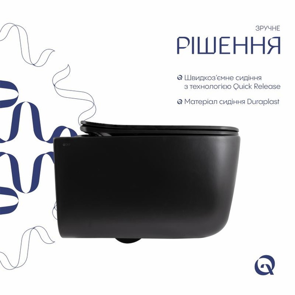 Унитаз подвесной Qtap Gemini Ultra Quiet 485 x 340 x 350 мм, Matt Black, с сиденьем Slim Duroplast / Soft-close / Quick Release (QTGEM28BLM50505)