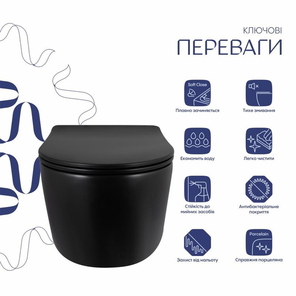 Унитаз подвесной Qtap Taurus Ultra Quiet 515 x 360 x 350 мм, Matt Black, с сиденьем Slim Duroplast / Soft-close / Quick Release (QTTAU28BLM50504)