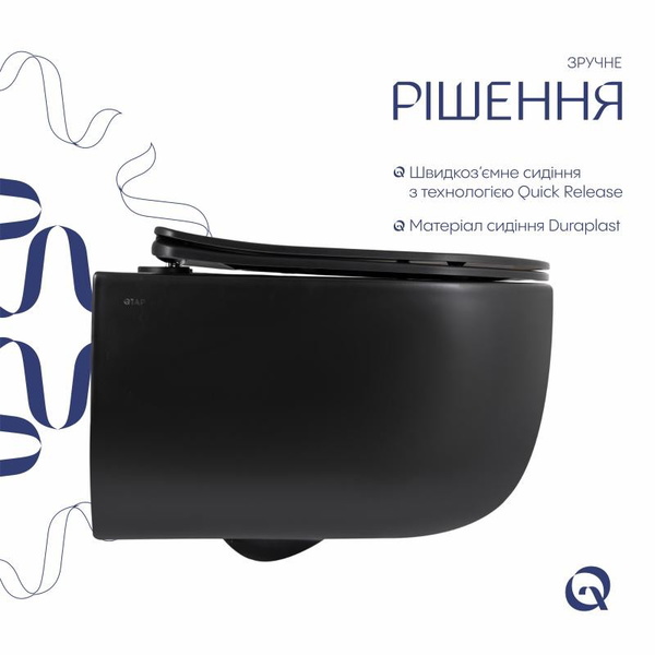 Унитаз подвесной Qtap Taurus Ultra Quiet 515 x 360 x 350 мм, Matt Black, с сиденьем Slim Duroplast / Soft-close / Quick Release (QTTAU28BLM50504)