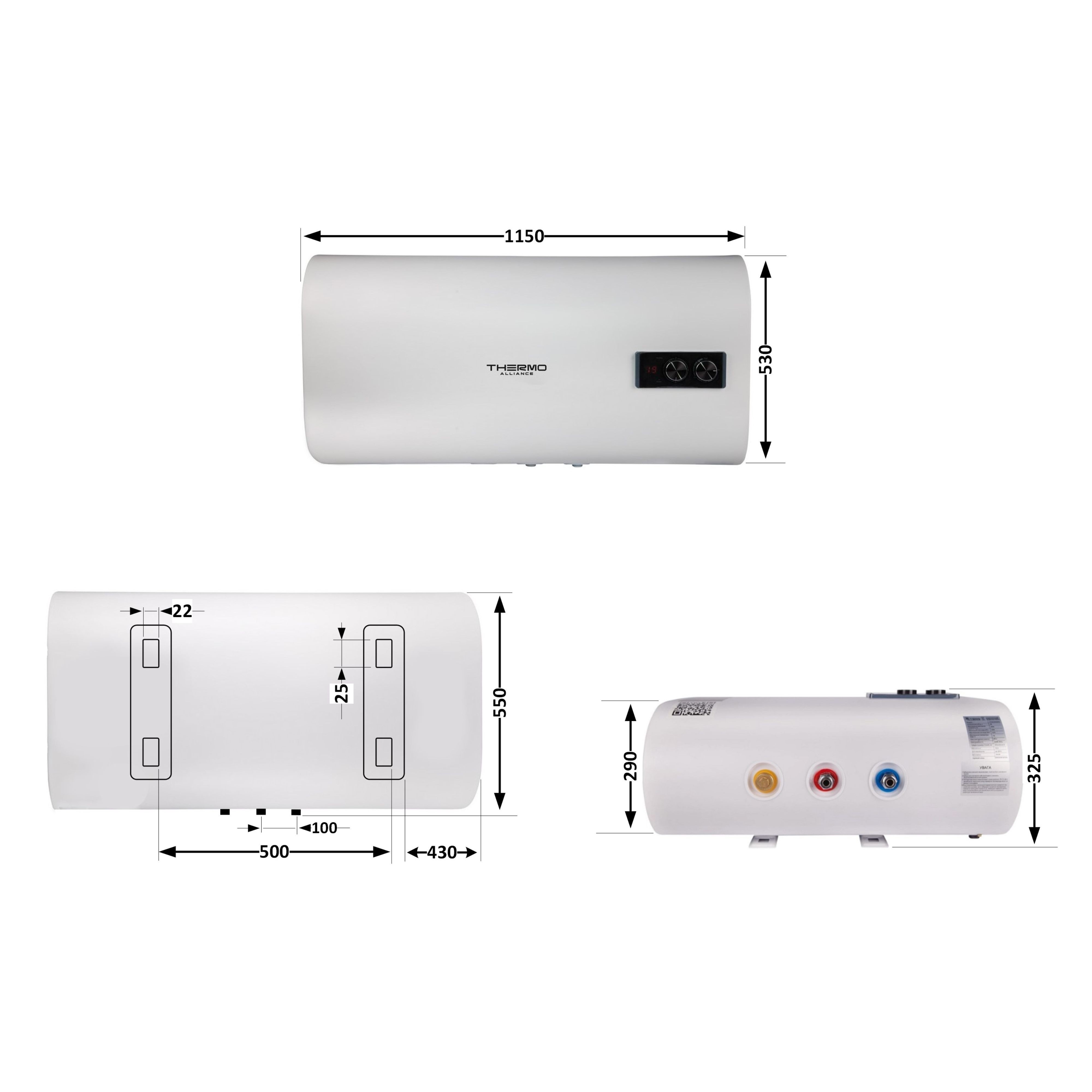 Водонагреватель электрический Thermo Alliance 100 л плоский горизонтальный, мокрый ТЭН 2 кВт (0,8+1,2) (DT100H20GPD)