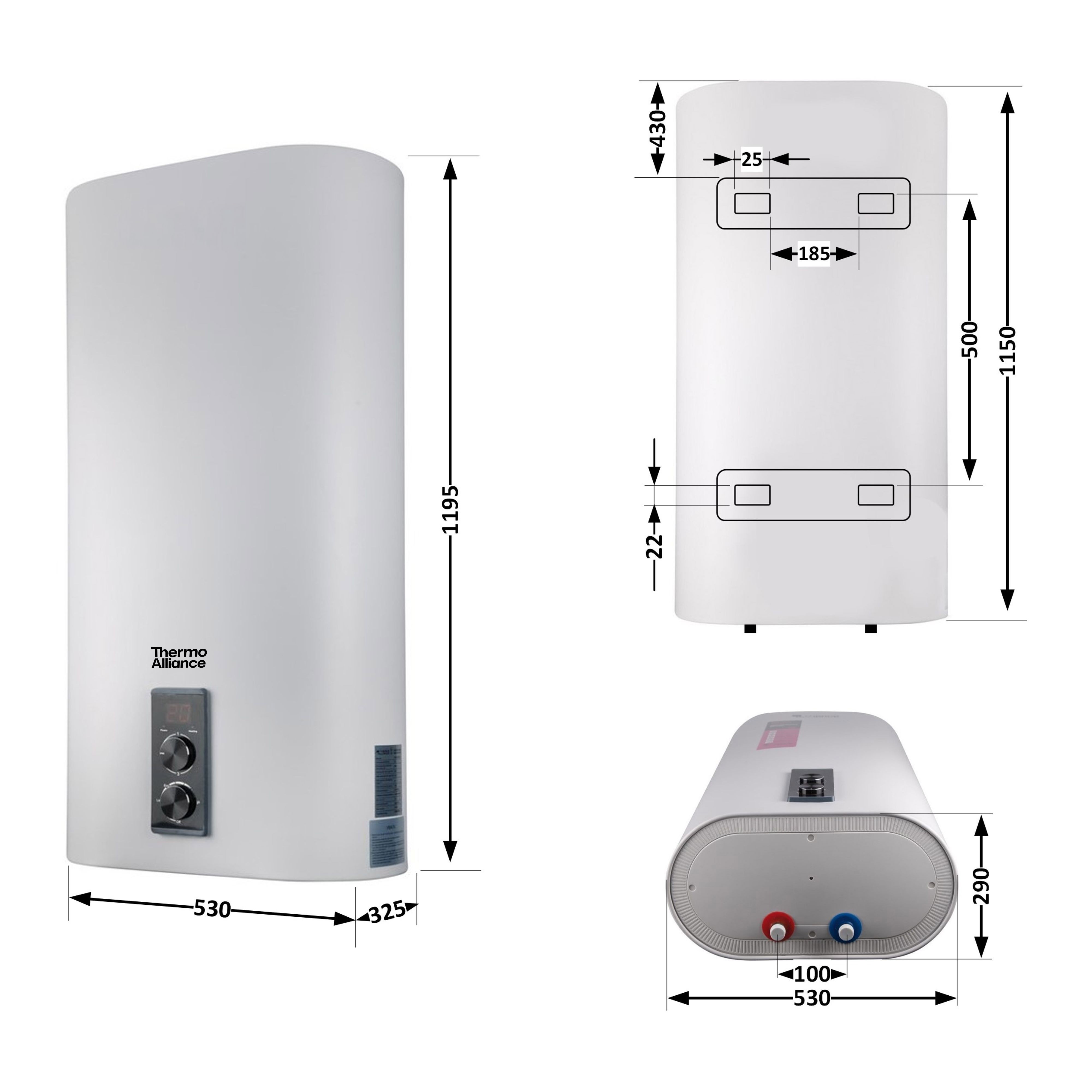 Водонагреватель электрический Thermo Alliance 100 л плоский вертикальный, сухой ТЭН 2 кВт (0,8+1,2) (DT100V20GPD-D/2)