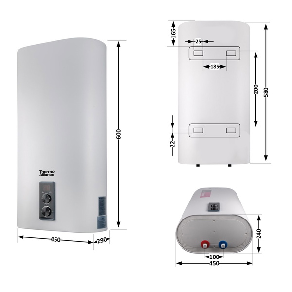 Водонагреватель электрический Thermo Alliance 30 л плоский вертикальный, сухой ТЭН 2 кВт (0,8+1,2) (DT30V20GPD-D/2)