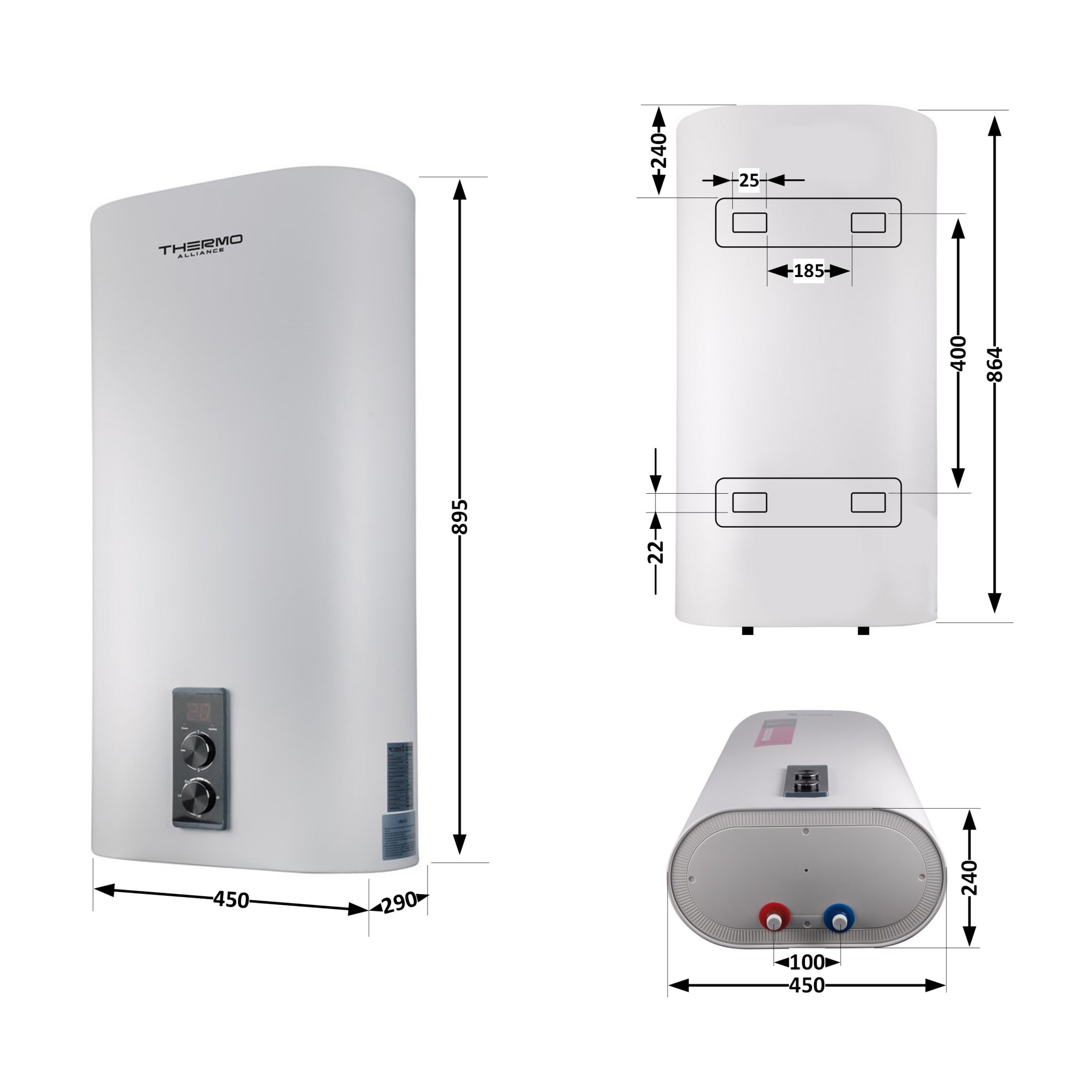 Водонагреватель электрический Thermo Alliance 50 л плоский вертикальный, сухой ТЭН 2 кВт (0,8+1,2) (DT50V20GPD-D/2)