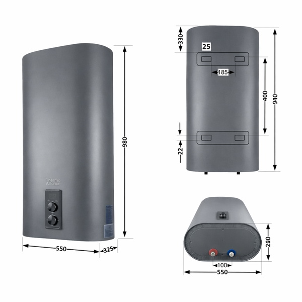 Водонагреватель электрический Thermo Alliance 80 л Grey,плоский вертикальный, мокрый ТЭН 2 кВт (0,8+1,2) (DT80V20GPD/2G)