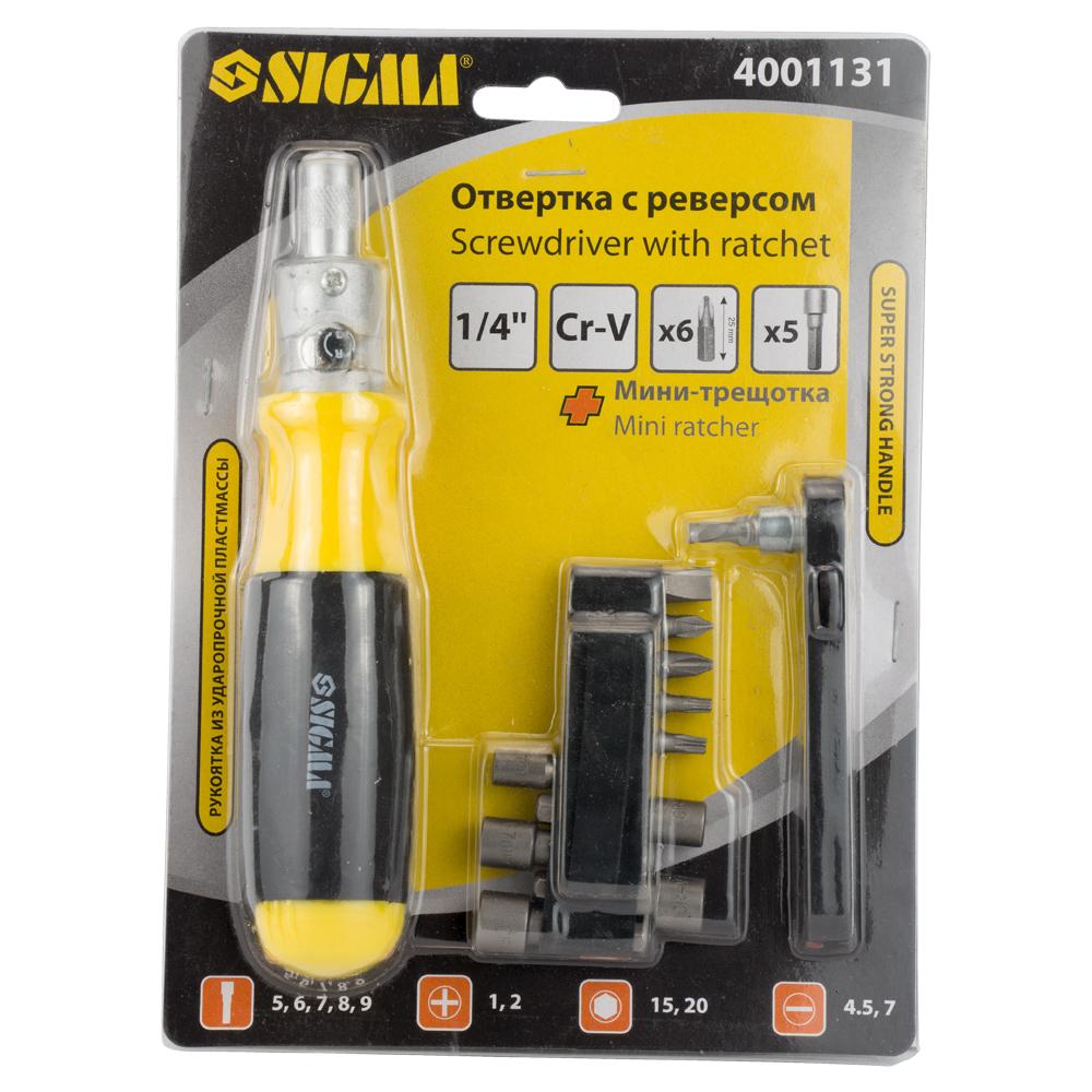 Отвертка с реверсом Sigma CrV + трещотка + биты 11 шт