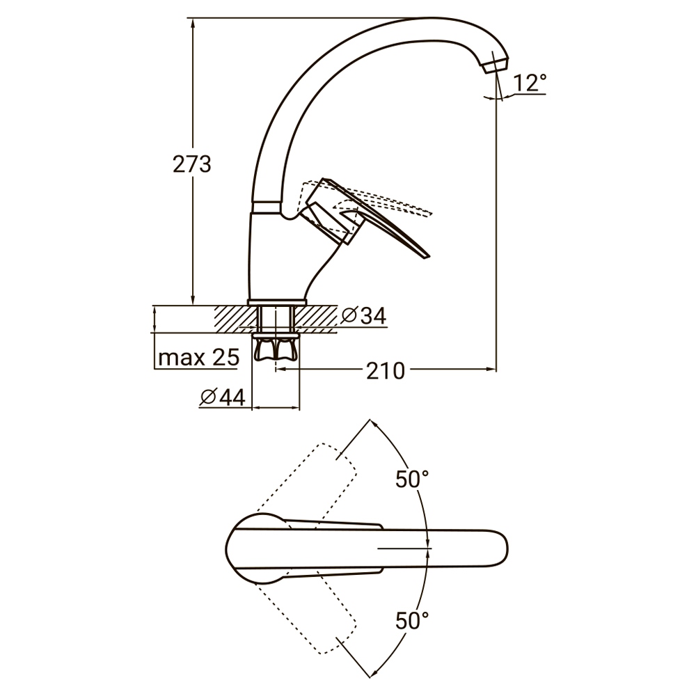 Змішувач для кухні Aquatica ML гусак вухо лат. шток на гайці Ø40 мм