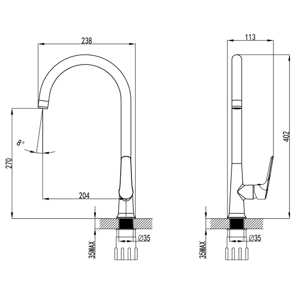 Змішувач для кухні Corso Lugano Ø25 J-вилив на гайці