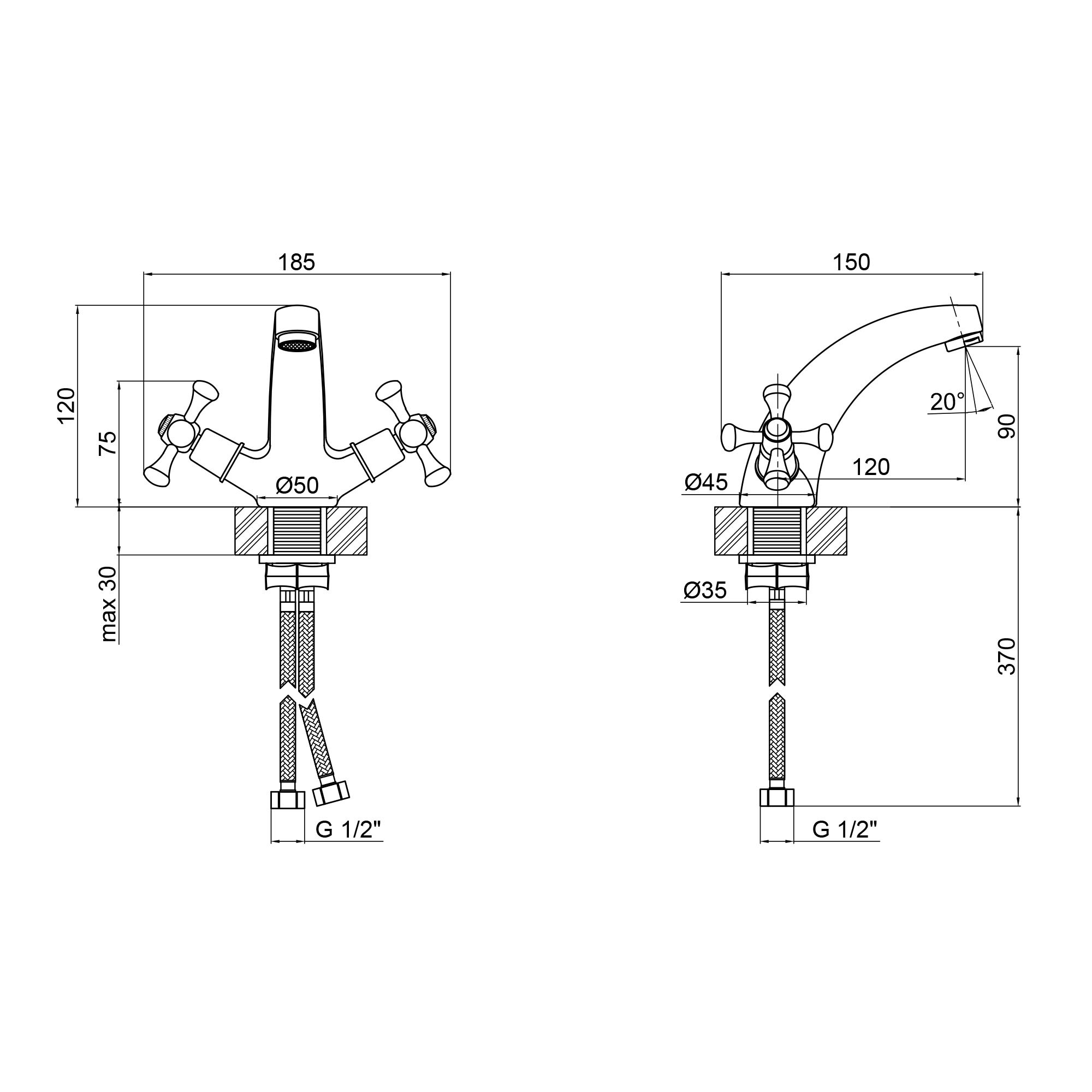 Змішувач для раковини Lidz Lamb 161F двохвентильний Chrome (LDLAM161FCRM35446)