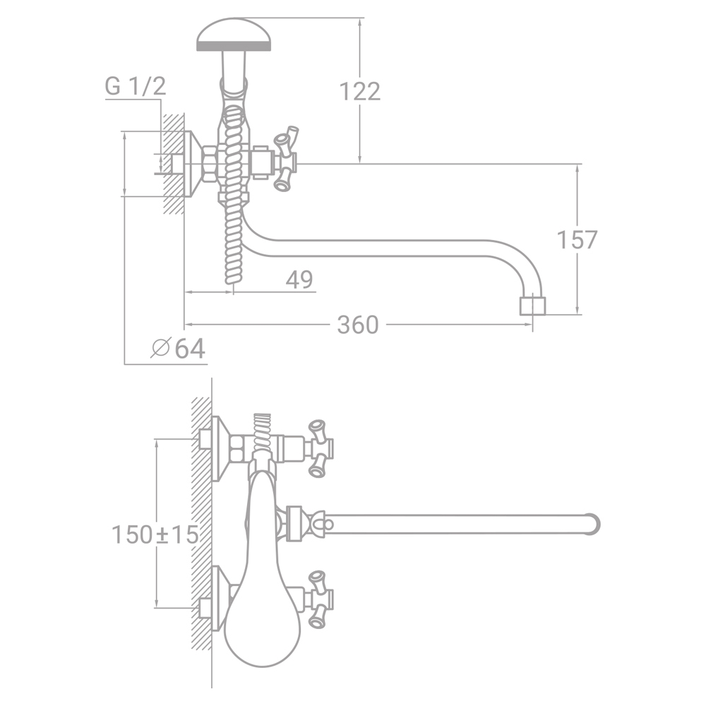Змішувач для ванни TAU S85 1/2" вилив вигнутий дивертор вбудований кульовий
