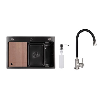 Акционный набор Lidz: Мойка H6845 Décor Blaсk 3,0/1,0 мм + Смеситель Aria для кухни с гибким изливом (k35) Black