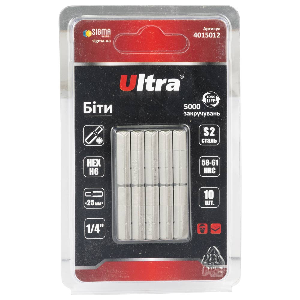 Біти Ultra Hex S2 6 x 25 мм 1/4" 10 шт (блістер)