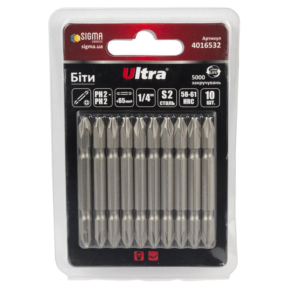 Біти Ultra S2 PH2-PH2 x 65 мм 1/4" 10 шт (блістер) Біти Ultra S2 PH2-PH2 x 65 мм 1/4" 10 шт (блістер)