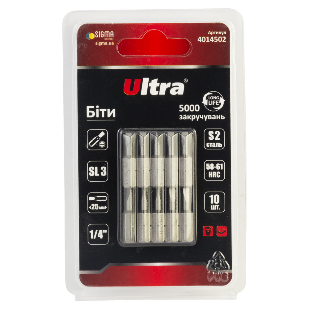 Біти Ultra S2 SL3 x 25 мм 1/4" 10 шт (блістер)