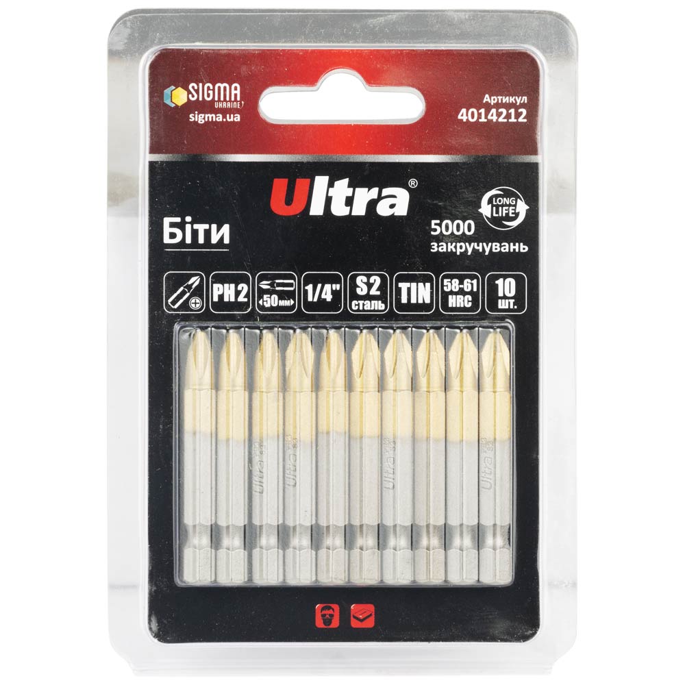 Біти Ultra Tin S2 PH2 x 50 мм 1/4" 10 шт (блістер)