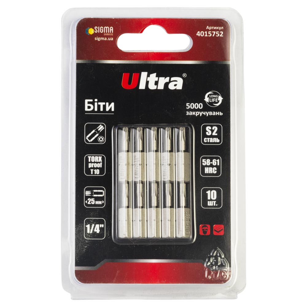 Біти Ultra Torx-proof S2 10 x 25 мм 1/4" 10 шт (блістер)