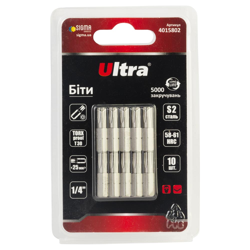 Біти Ultra Torx-proof S2 30 x 25 мм 1/4" 10 шт (блістер) Біти Ultra Torx-proof S2 30 x 25 мм 1/4" 10 шт (блістер)