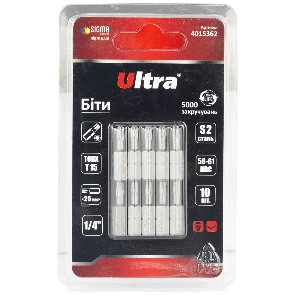 Біти Ultra Torx S2 15 x 25 мм 1/4" 10 шт (блістер)
