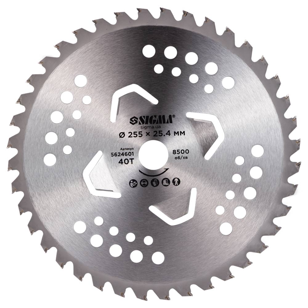 Диск Sigma для тримера з твердосплавними напайками Ø255 x 25.4 мм 40Т 4 підрізні лопаті Диск Sigma для тримера з твердосплавними напайками Ø255 x 25.4 мм 40Т 4 підрізні лопаті