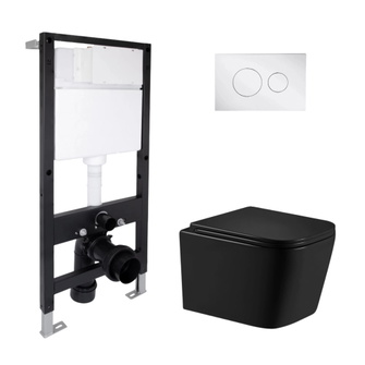 Готовое решение Qtap для ванной комнаты: подвесной унитаз Crow Ultra Quiet Black 485 x 340 x 290 + комплект инсталляции Standard (круглая кнопка Chrome)