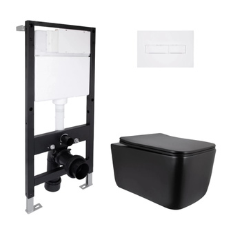 Готовое решение Qtap для ванной комнаты: подвесной унитаз Gemini Ultra Quiet Black 520 x 360 x 350 + комплект инсталляции Standard (линейная кнопка White)