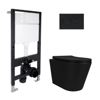 Готовое решение Qtap для ванной комнаты: подвесной унитаз Scorpio Ultra Quiet Black 520 x 365 x 365 + комплект инсталляции Standard (круглая кнопка Black)