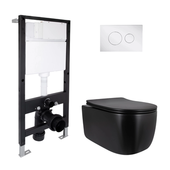 Готовое решение Qtap для ванной комнаты: подвесной унитаз Taurus Ultra Quiet Black 515 x 360 x 350 + комплект инсталляции Standard (круглая кнопка Chrome)