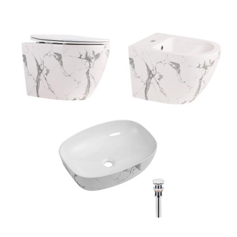 Комплект Qtap Robin Marble 3 в 1: унітаз підвісний Ultra Quiet + біде підвісне + раковина накладна (QTROBMR49160)