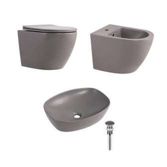 Комплект Qtap Robin Stone grey 3 в 1: унітаз підвісний Ultra Quiet + біде підвісне + раковина накладна (QTROBSG49158)