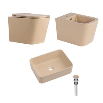 Комплект Qtap Tern Beige 3 в 1: унітаз підвісний Ultra Quiet + біде підвісне + раковина накладна (QTTERSB49163)