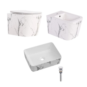 Комплект Qtap Tern Marble 3 в 1: унитаз подвесной Ultra Quiet + биде подвесное + раковина накладная (QTTERMR49164)