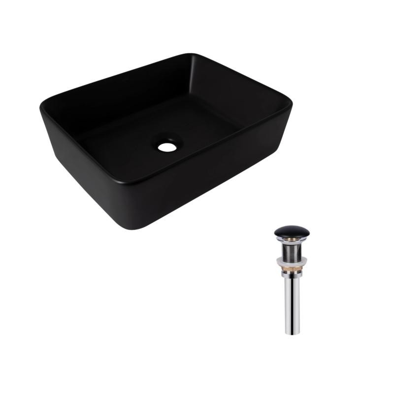 Комплект Qtap Tern: Раковина накладна прямокутна 480 х 370 х 135 мм Matt Black + Донний клапан PU03