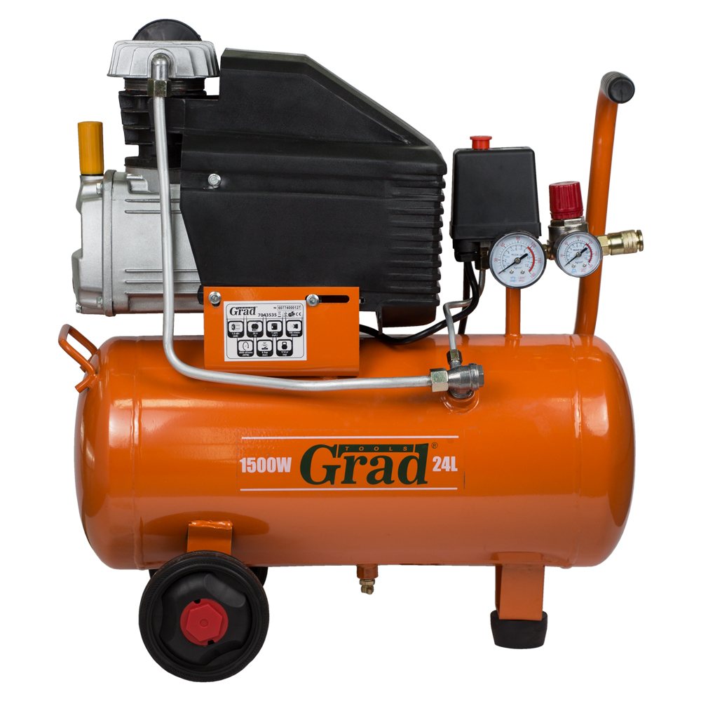 Компрессор Grad одноцилиндровый 1.5кВт 196л/мин 8бар 24л (2 крана)