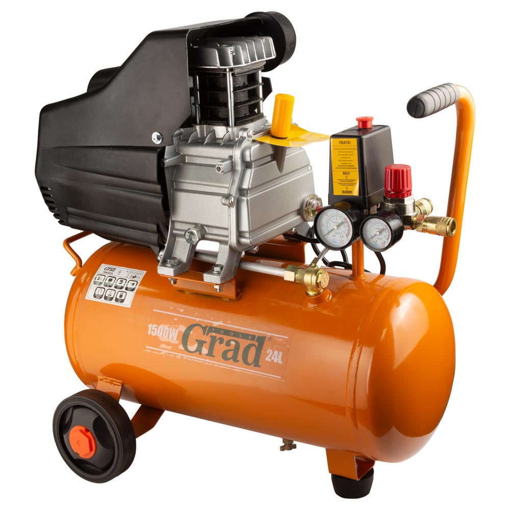 Компрессор Grad одноцилиндровый 1.5кВт 198л/мин 8бар 24л (2 крана)